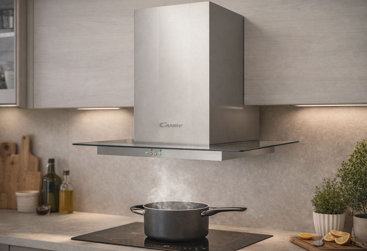 Απεικονίζεται ο απορροφητήρας εγκατεστημένος στην κουζίνα.